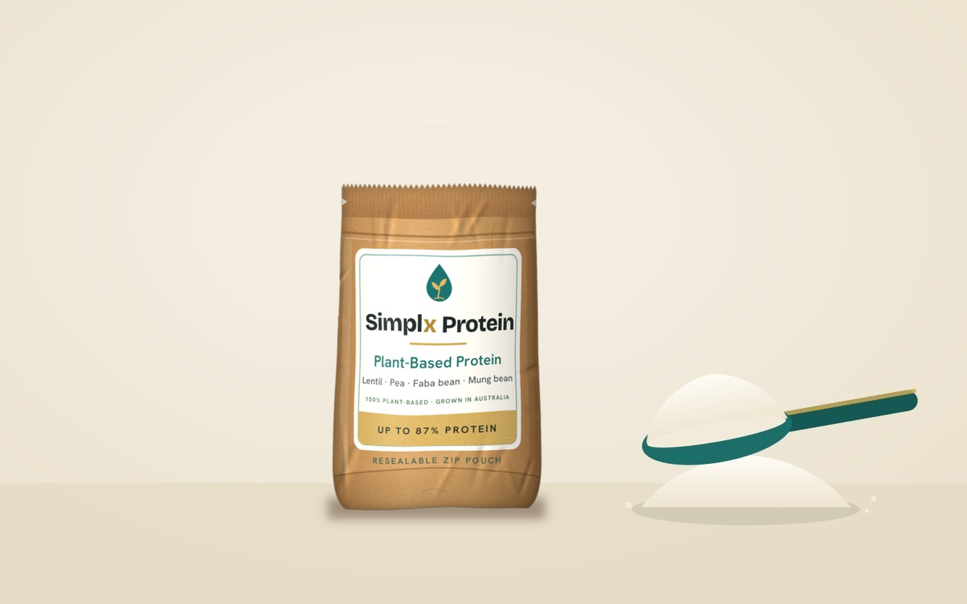 A kraft paper Simplx Protein zip pouch with a scoop of protein powder
